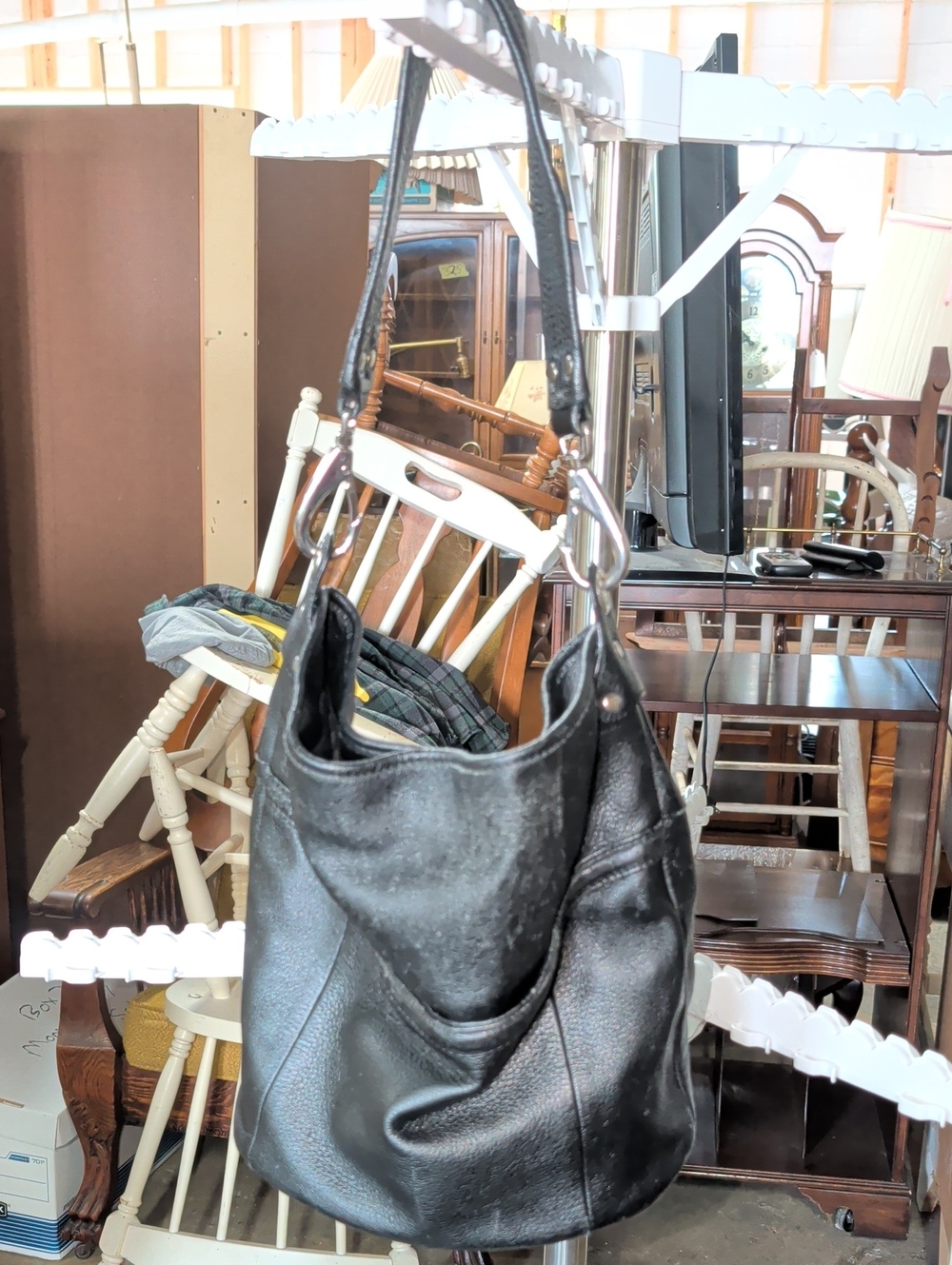 Black Leather Shoulder Hobo Bag - Stone Mountain
